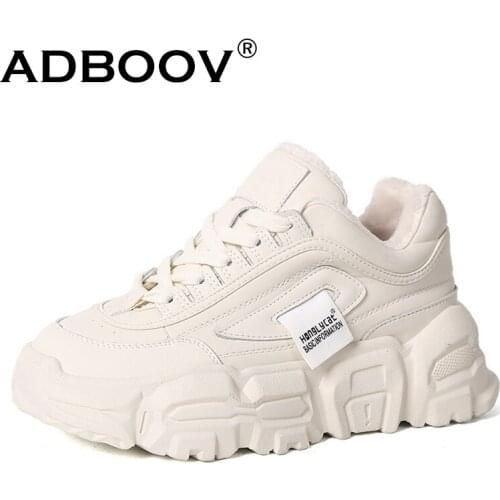 ADBOOV Fur Lining Chunky Sneakers Women Low Top Platform Trainers Winter Shoes Female
