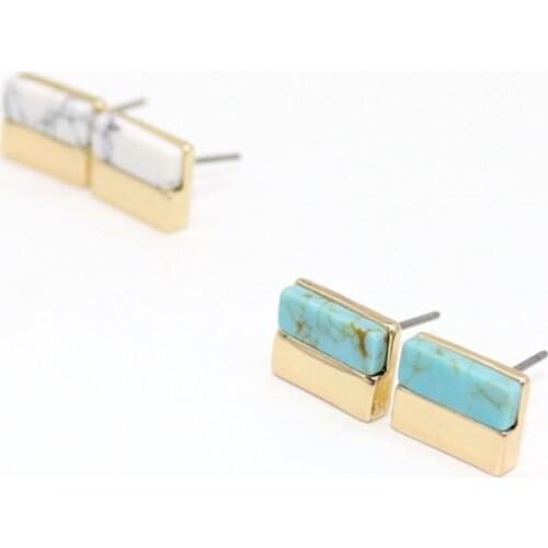 Light Yellow Gold Color Alloy Rectangle Shape White Howlite Stone Stud Earrings for Women Green Turquoises Jewelry