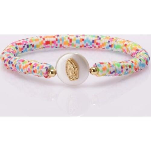 White shell pearl bead with cz paved cross Virgin Mary statue charm mix mosaic clay silicone plastic beaded bracelets for woman