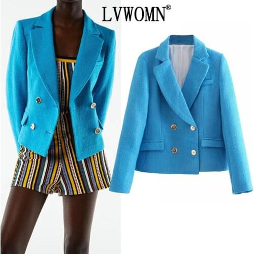 LVWOMN Za Womens Spring Jacket 2021 Blue Tweed Double Breasted Blazer Woman Casual Yellow Textured Cropped Blazer Female Suit