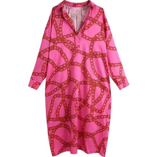 Womens Dress Vintage Geometric Print Za Fashion 2021 Mid-Calf Dress Female Long Sleeve Loose Chic Mujer Vestidos