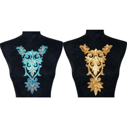 Gold Blue Sequined Patches Flower Totem Sew Iron On Badges Embroidered Appliques For Clothes DIY Craft Decoration Sticker