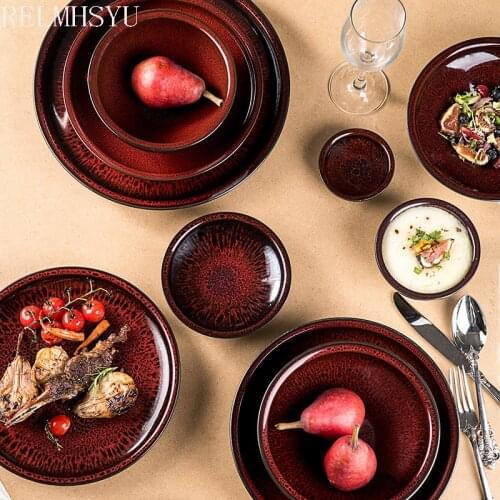 1PC RELMHSYU Ceramic Retro Kiln Changed Ceramic Rice Noodle Soup Bowl Round Small Dish Large Steak Soup Dinner Plate Tableware