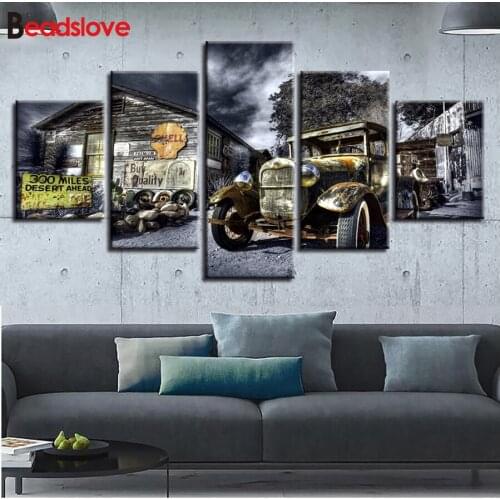 5d diy diamond painting Antique Hot Rod Vintage Car For Living Room 5 Panel Home Decor Abstract Full Diamond embroidery