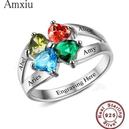 Amxiu Engrave Four Names 925 Sterling Silver Rings Jewelry Custom Heart Birthstones Rings For Family Friends Anniversary Rings