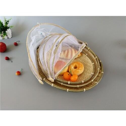Bamboo Woven Bug Proof Wicker Basket Dustproof Picnic Fruit Tray Food Bread Dishes Cover With Gauze Panier Osier