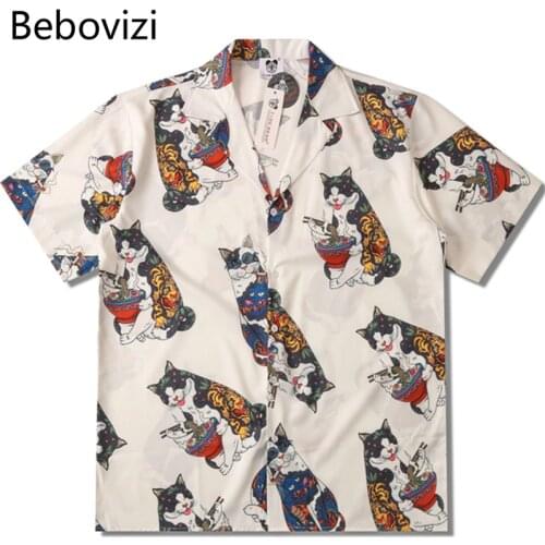 Bebovizi Japanese Tattoo Cat Print Short Sleeve Beach Shirts Men Summer Casual Short Sleeve Hip Hop Shirt Tops Streetwear Loose