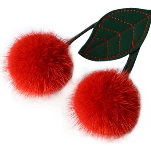 Genuine Mink Fur Keychain Fruit Cherry Pompom Ball Fur Bag Charm Fluffy Green Leaf Backpack Pendant Accessories