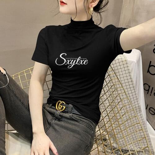 Short sleeve half high collar black t-shirt female 2021 summer new Korean slim fit pure cotton bottomed shirt tights female