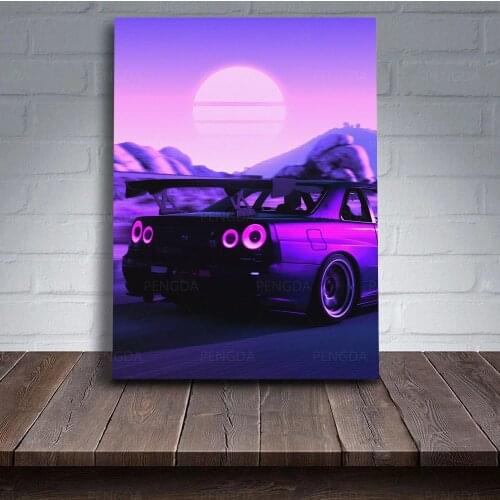 Home Decor Sunset Canvas Paintings Modular Luxury Car Pictures Printed Vaporwave Purple Poster Modern Wall Art Frame Living Room