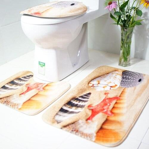 3pcs/lot Conch Shells Pattern Toilet Seat Cover Flannel Fabric Toilet Case Sea Style Bathroom Door Non-slip Mat Bathroom Decor