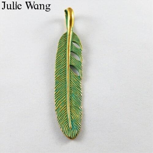 Julie Wang 5PCS Alloy Antique Green Bronze Pendant Charm Three Hole Big Feather Necklace Findings Jewelry Making Metal Accessory