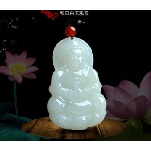 Hetian white jade Guanyin pendant natural jade mens Jade Pendant Necklace