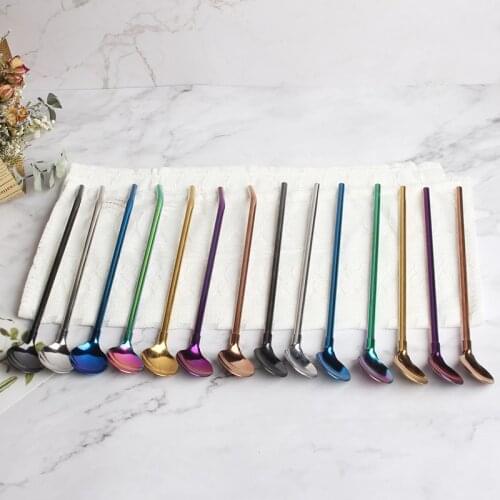 50packs Spoon Straws Stirrer Stainless Steel Metal Coffee Spoon Reusable Drinking Ice Tea Spoon With Straw For Sangria Fruits