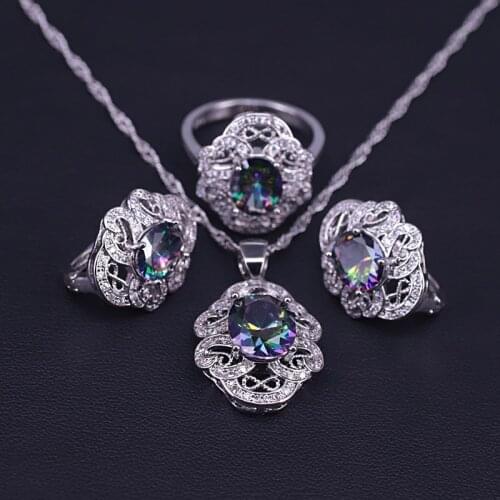 Many colors silver color jewelry set for women rainbow zircon bridal jewelry set hoop earrings ring necklace set