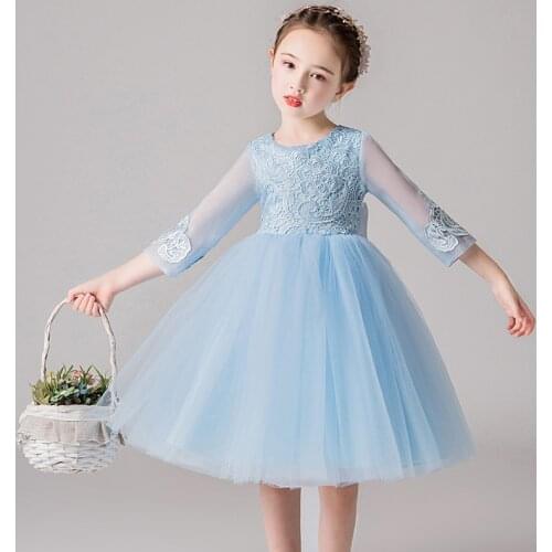 New Flower Girls Dress Children Lace Sleeves Tulle Party Wedding Gown Father and Daughter Ball Dress