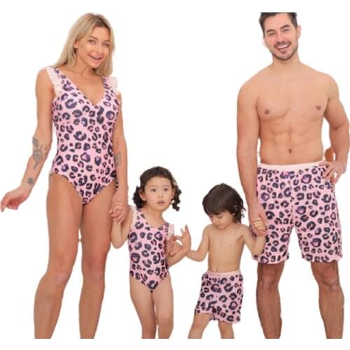 New Leopard Swimwear Family Matching Clothes Outfits Mother Daughter Swimsuits Mommy and Me Bikini Dress Dad Son Swim Shorts