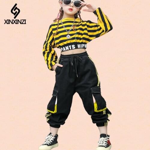 Hip hop Stripe Clothes Girls Sets Stage Costume Street Dance Jazz Performance Tops Sweatshirt Cargo Pants Teens Girls Kids Suits