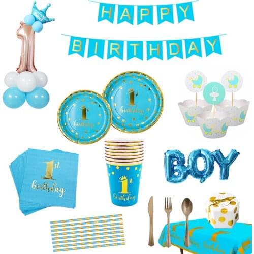 Baby 1st Birthday Disposable Tableware Blue Plate Cup Napkin One Year First Birthday Party Tablecloth Decor Baby Shower Supplies