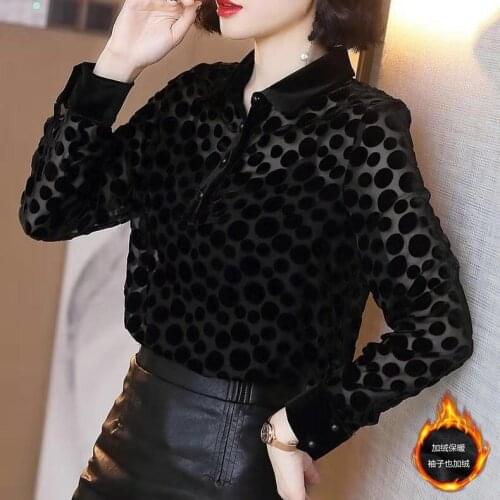 Fall Winter Womens Office Lady Slim Thick Warm Fleece Black Polka Dot Velour Blouse Shirt , Woman Spring Blouses and Tops