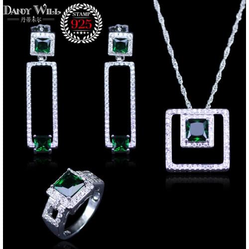 Russian Popular Style Square Green Cubic zirconia silver Color jewelry sets for women long earrings/necklace/rings/pendants sets