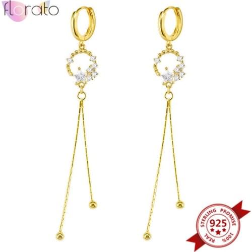 925 Sterling Silver Ear Buckle Long Tassel Drop Earrings for Women Shiny Crystal Gold Color Bead Star Dangle Earrings Gifts