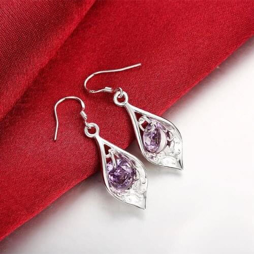 Pure 100% 925 Sterling Silver crystal Amethyst shell Earrings for woman fashion party wedding Jewelry classic Christmas Gifts