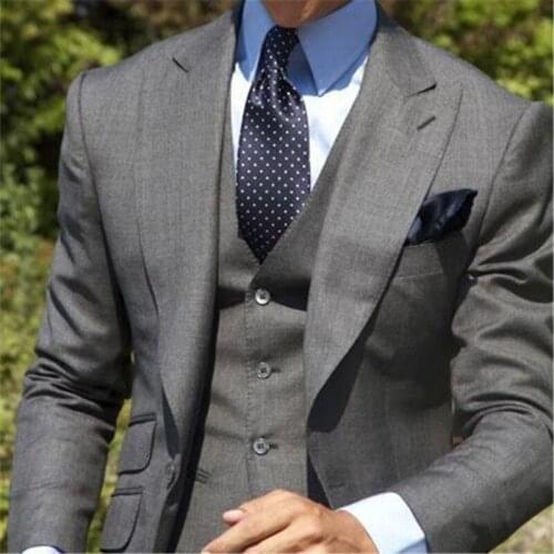 Grey Formal Men Suit Slim Fit For Wedding 3 Pieces(Jacket+Pants+Vest+Tie) Latest Coat Pant Designs Groom Tuxedo Gentle 088