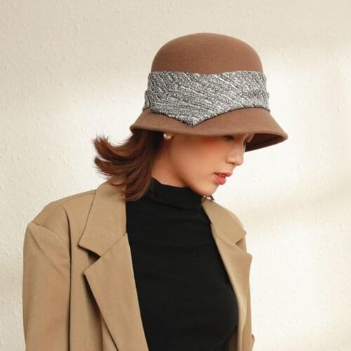 2021 Wool Hats For Women Autumn Winter Fedora Felt Hat Lady Asymmetric Brim Black Cloche Church Cap Fashion Fedoras 55-58cm