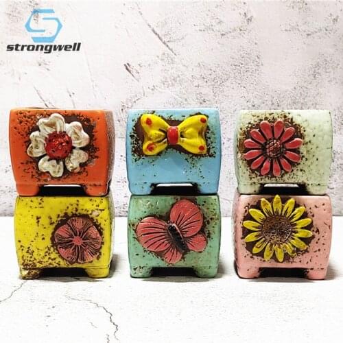 Strongwell Home Decor Hand-painted Bowknot Square Ceramic Flower Pot Container Stoneware Antique Mini Succulent Flowerpot Potted