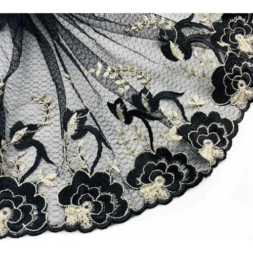 15Yards High Quality Mesh Black Floral Pattern Embroidery Lace Trim DIY Crafts Fabric Tape For Garments Wedding Dress