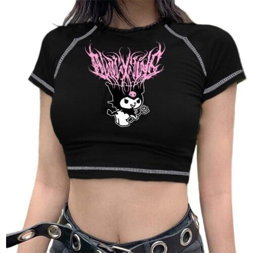 Women Summer Short Sleeve O-Neck T-Shirt Anime Cartoon Figure Letters Print Crop Top Harajuku Slim Graphic Streetwear