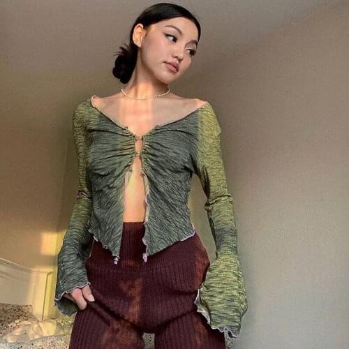Ruffles Button Green T-shirts 2021 Summer Fairy V Neck Flare Sleeve Slit Crop Tops Ruched Y2k Aesthetic Vintage Blue Sexy Tees