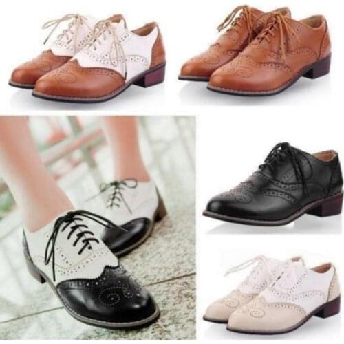 Womens Low Heel Wingtip Lace Up Retro Brogues Girl Preppy PU Leather Oxfords Shoes Cute Lolita Mary Janes 3Colors Plus Size