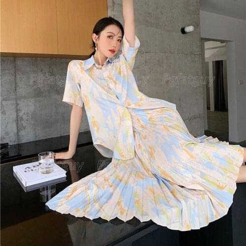 Women Elegant Oil Painting Printed 2-Piece Suits Office Lady Short Sleeve Shirt Top + Pleated High Waist Long Skirt Set
