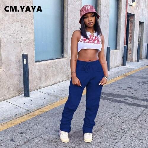 CM.YAYA Stacked Zipper Slit Flare Pants for Women Sportwear Elegant Bellbottom Jogger Sweatpants Ruched Draped Trousers