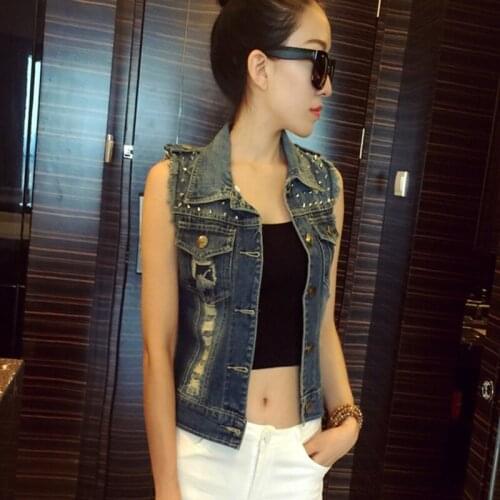 Denim Vest Women Spring Summer Slim Single Breasted Sleeveless Jacket Fashion Rivet Frayed Vintage Waistcoats S-2XL
