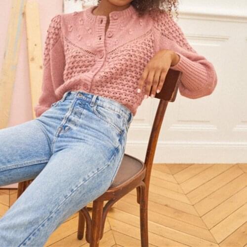 Women Hollow out Sweater O-neck Puff Sleeve Single Breasted Knitted Short Cardigan