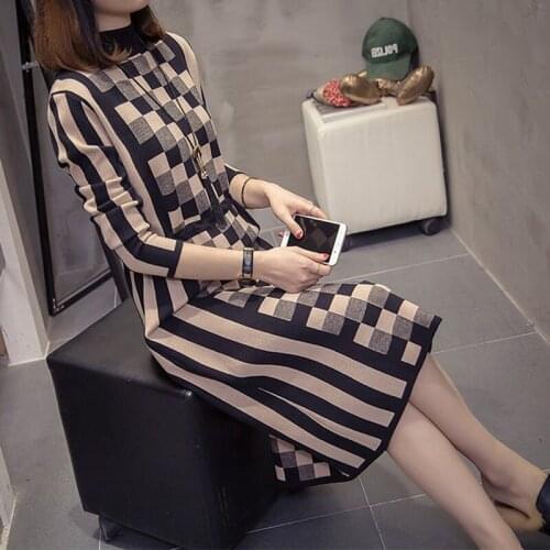 Autumn Winter Sweater Women Dress Elegant Plus Siz Slim Knitted Dress Loose Long Sleeve Plaid Shirt Dress Long Kintwear f2521