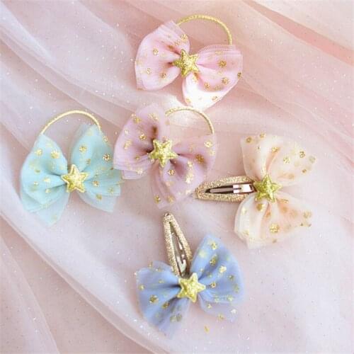 10pcs/Lot Children Mesh Hair Accessories Glitter Five Pointed Star Bow Girls Hairpin Bronzing Dot Princess Headdress BB Clip