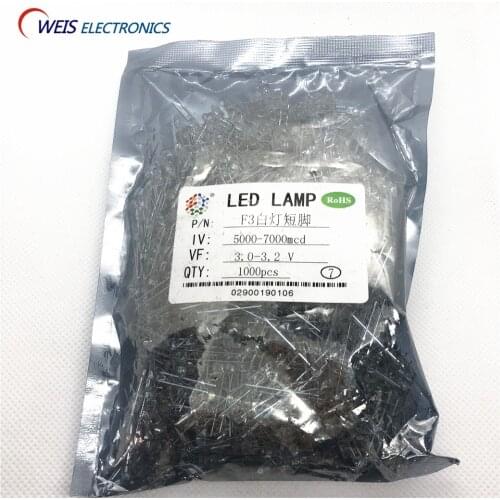 100PCS F3 3MM white DIP LED , water clear , short pins, round 3.0-3.2v 5000-7000mcd FREE SHIPPING