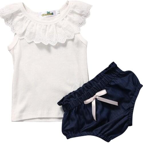 2017 Summer Baby Girl White T-shirt Lace Tops+Denim Pants 2PCS Toddler Kids Girls Clothes Set