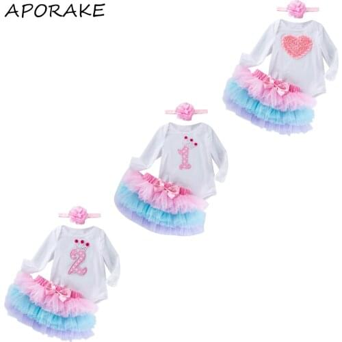 2021 0-24M Infant Girl Princess Clothes Set 3D Crown Number/Heart Long Sleeves Romper+Layered Tutu Skirt 3pcs For Birthday Party
