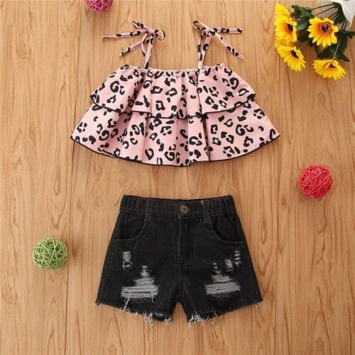 Children Wear Summer Baby Girls Fashion Clothing Set Leopard Lace Suspender + Denim Shorts 2 Pcs/Sets
