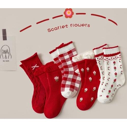 Childrens Socks Cartoon Flower Bowknet Style Socks Red Lace sStockings Girl Students Socks Boot Infant Kinder Socken