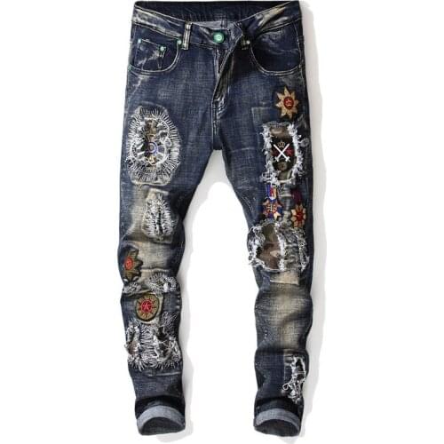 Hip Hop Mens Fashion Jeans Flower Embroidery Patchwork Jeans Mens Brand Ripped Denim Pants