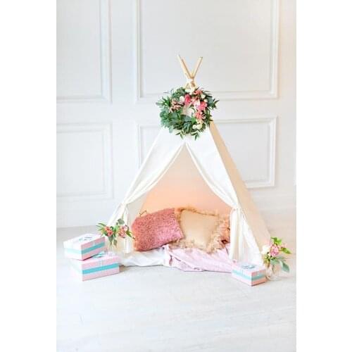 White Wooden Board Wall Photography Background White Tent With Pillows And Wreath And Pink Gift Box Backdrop For Baby Shower