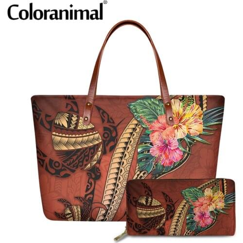 Coloranimal Hot Sell Female 2Pcs Shouler Bag Set With Purse Hawaii Polynesian Plumeria Hibiscus Printed Handbag for Women Totes