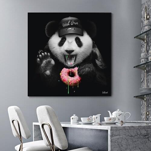 Griffiti Art Canvas Modern Painting Animal Posters and Prints Wall Panda Wearing Black Hat Eating Donut Picture for Room Decor