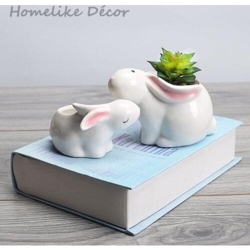 Set of 2 pieces Rabbits shaped ceramic flowerpot Mini bunny porcelain flower plant pot for Desktop Home Garden decoration